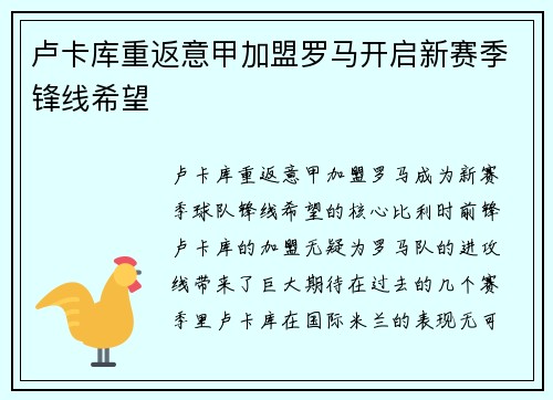 卢卡库重返意甲加盟罗马开启新赛季锋线希望