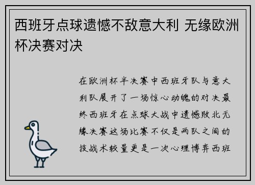 西班牙点球遗憾不敌意大利 无缘欧洲杯决赛对决
